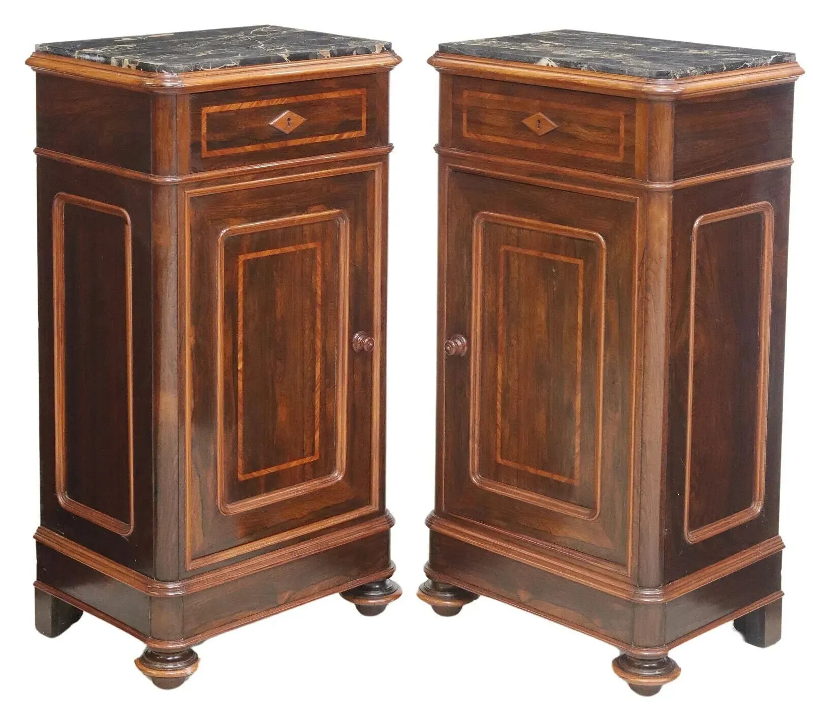 Antique Bedside Cabinets, (2) Italian Inlaid Rosewood, Marble-Top , Early 1900s!