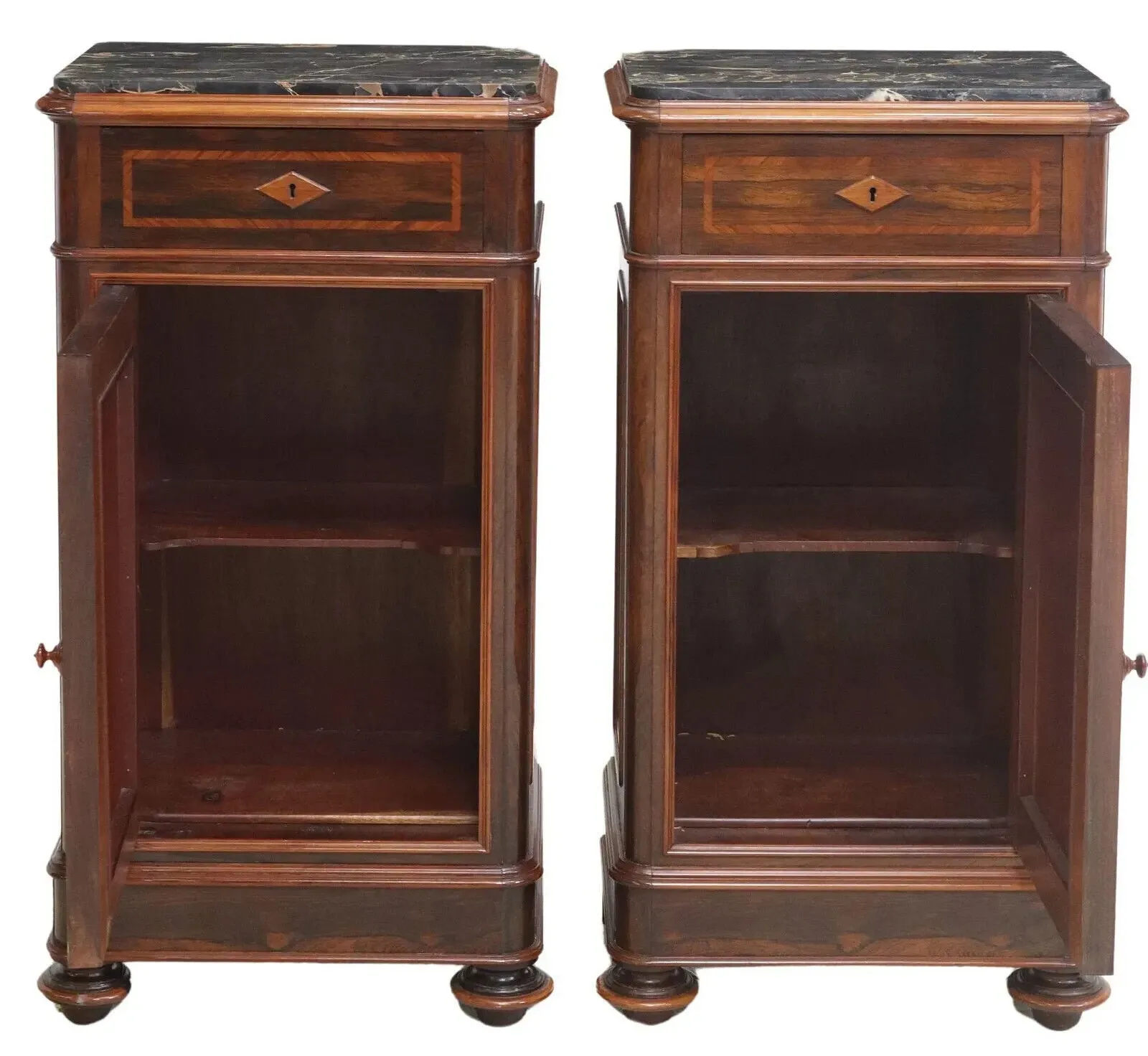 Antique Bedside Cabinets, (2) Italian Inlaid Rosewood, Marble-Top , Early 1900s!