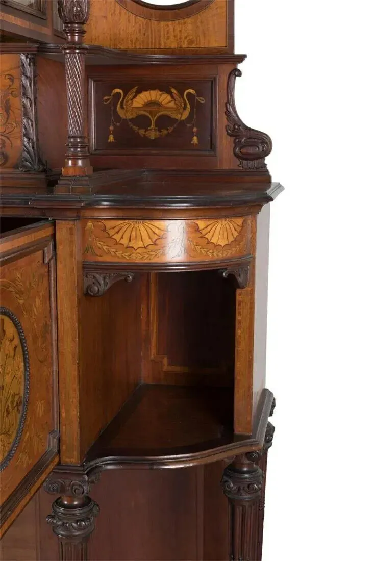 Antique Buffet, Cabinet Edwardian Style, Carved Wood,  Inlaid, Tall, 19th-20th C