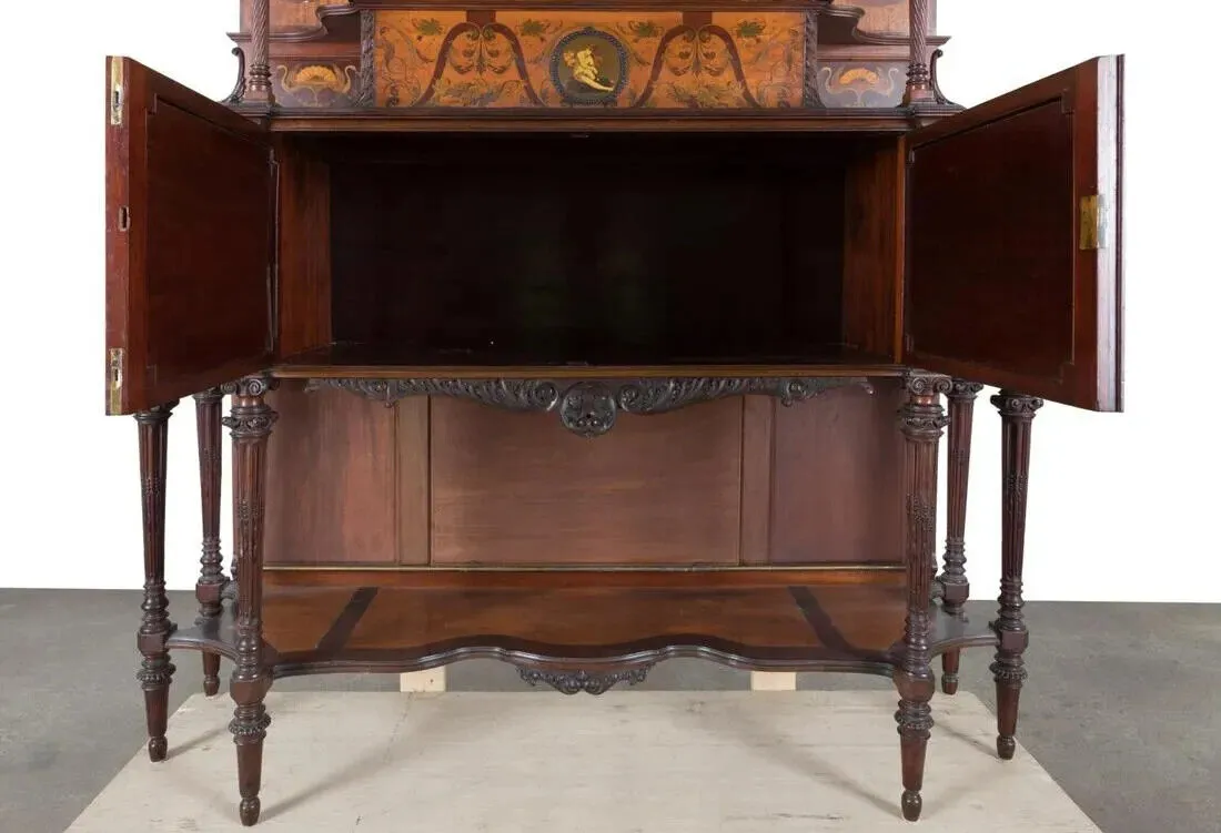 Antique Buffet, Cabinet Edwardian Style, Carved Wood,  Inlaid, Tall, 19th-20th C