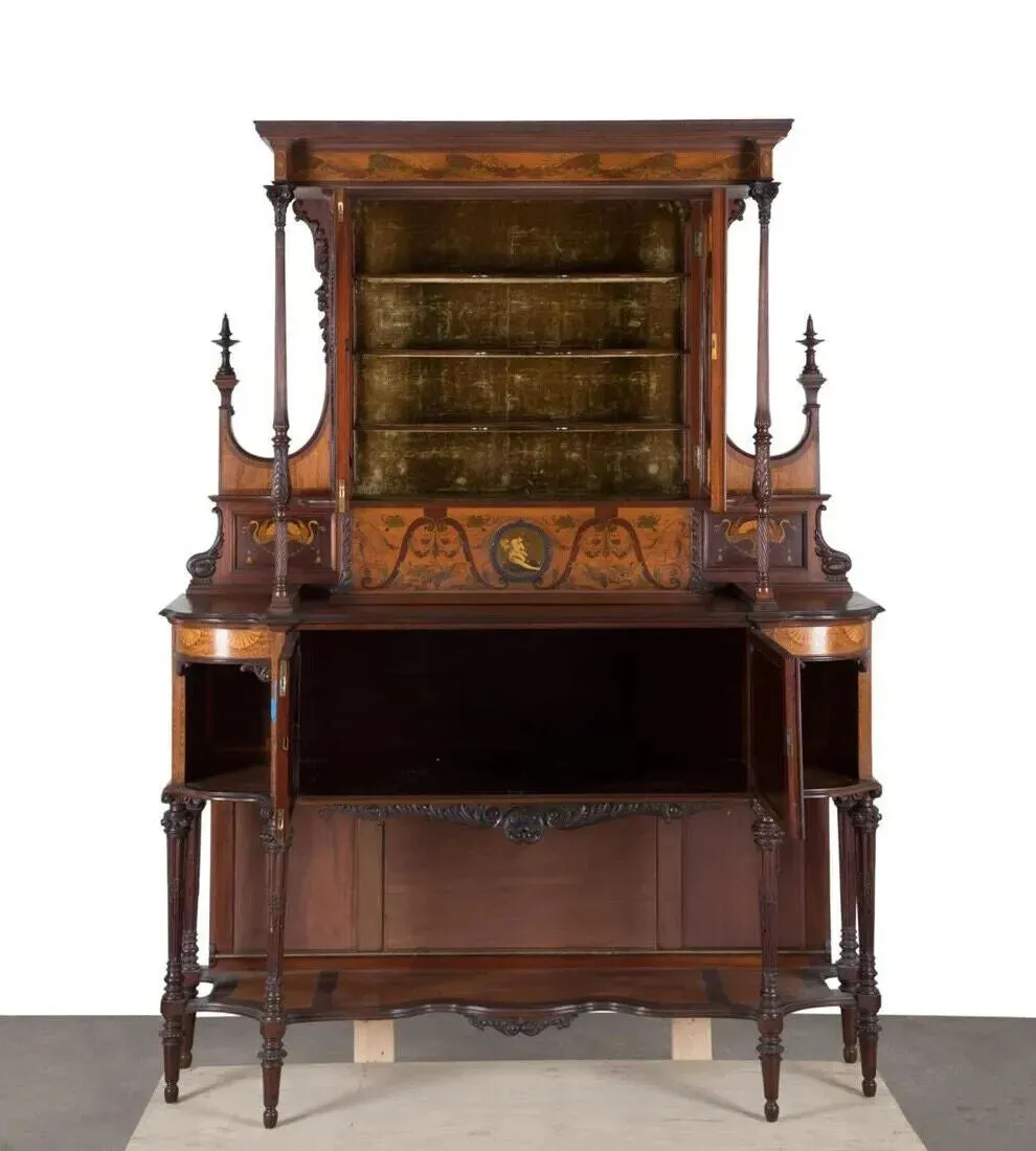 Antique Buffet, Cabinet Edwardian Style, Carved Wood,  Inlaid, Tall, 19th-20th C