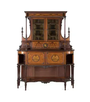 Antique Buffet, Cabinet Edwardian Style, Carved Wood,  Inlaid, Tall, 19th-20th C