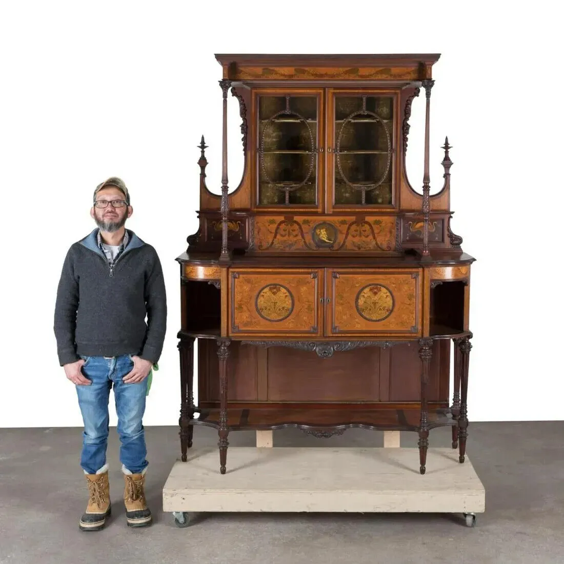 Antique Buffet, Cabinet Edwardian Style, Carved Wood,  Inlaid, Tall, 19th-20th C