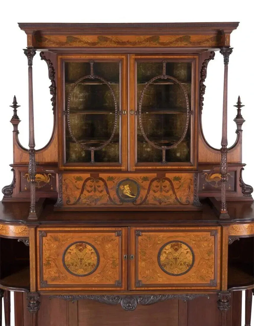 Antique Buffet, Cabinet Edwardian Style, Carved Wood,  Inlaid, Tall, 19th-20th C