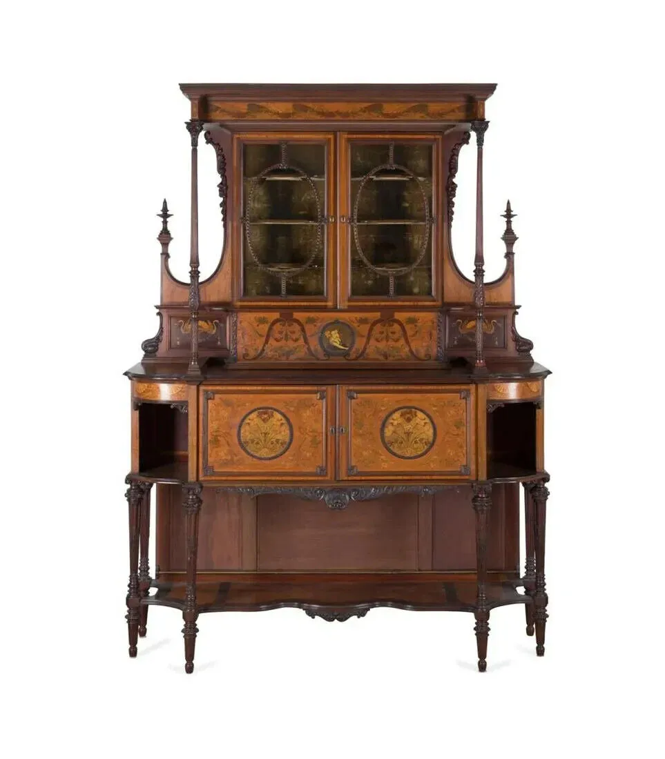 Antique Buffet, Cabinet Edwardian Style, Carved Wood,  Inlaid, Tall, 19th-20th C