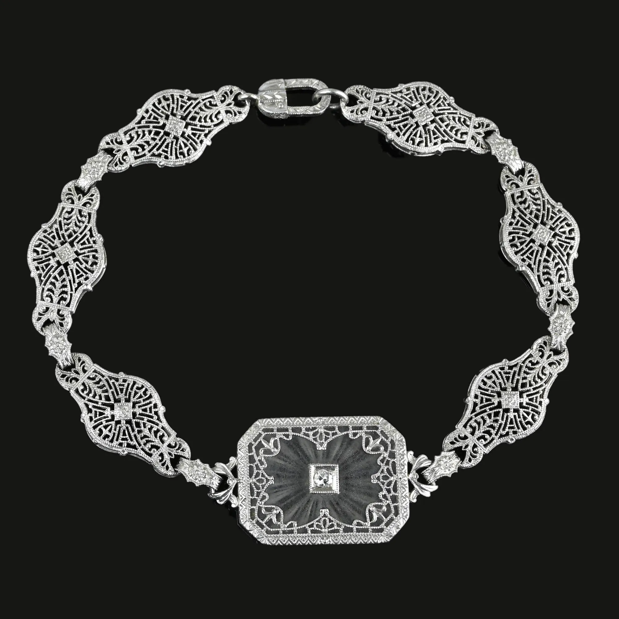 Art Deco Platinum Filigree Diamond Rock Crystal Bracelet