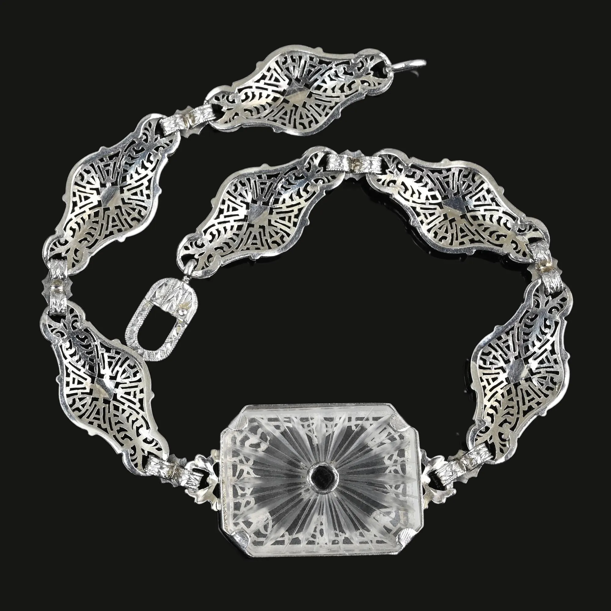 Art Deco Platinum Filigree Diamond Rock Crystal Bracelet