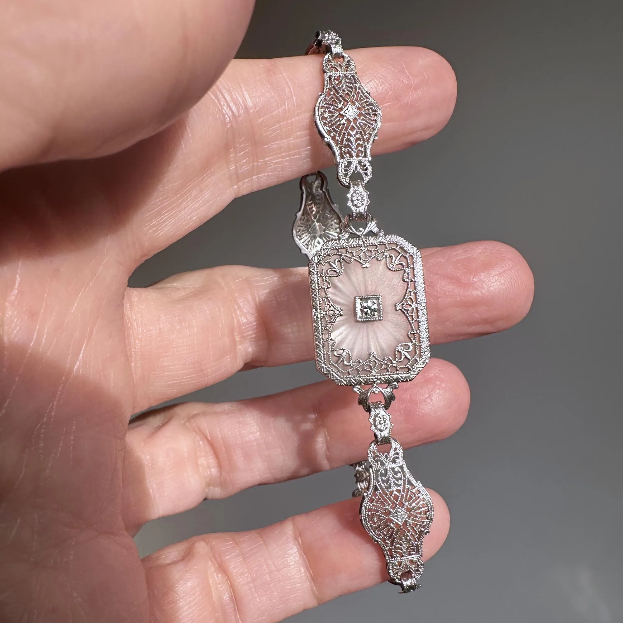 Art Deco Platinum Filigree Diamond Rock Crystal Bracelet