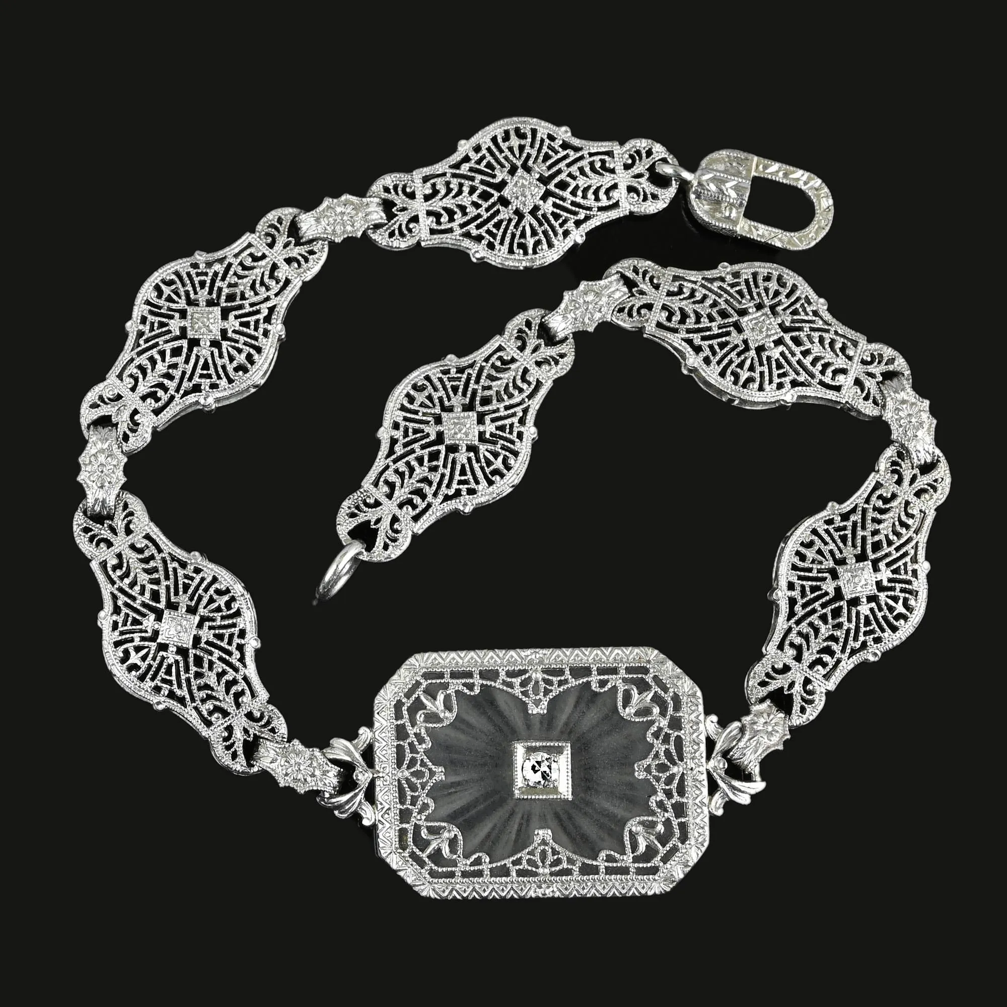 Art Deco Platinum Filigree Diamond Rock Crystal Bracelet