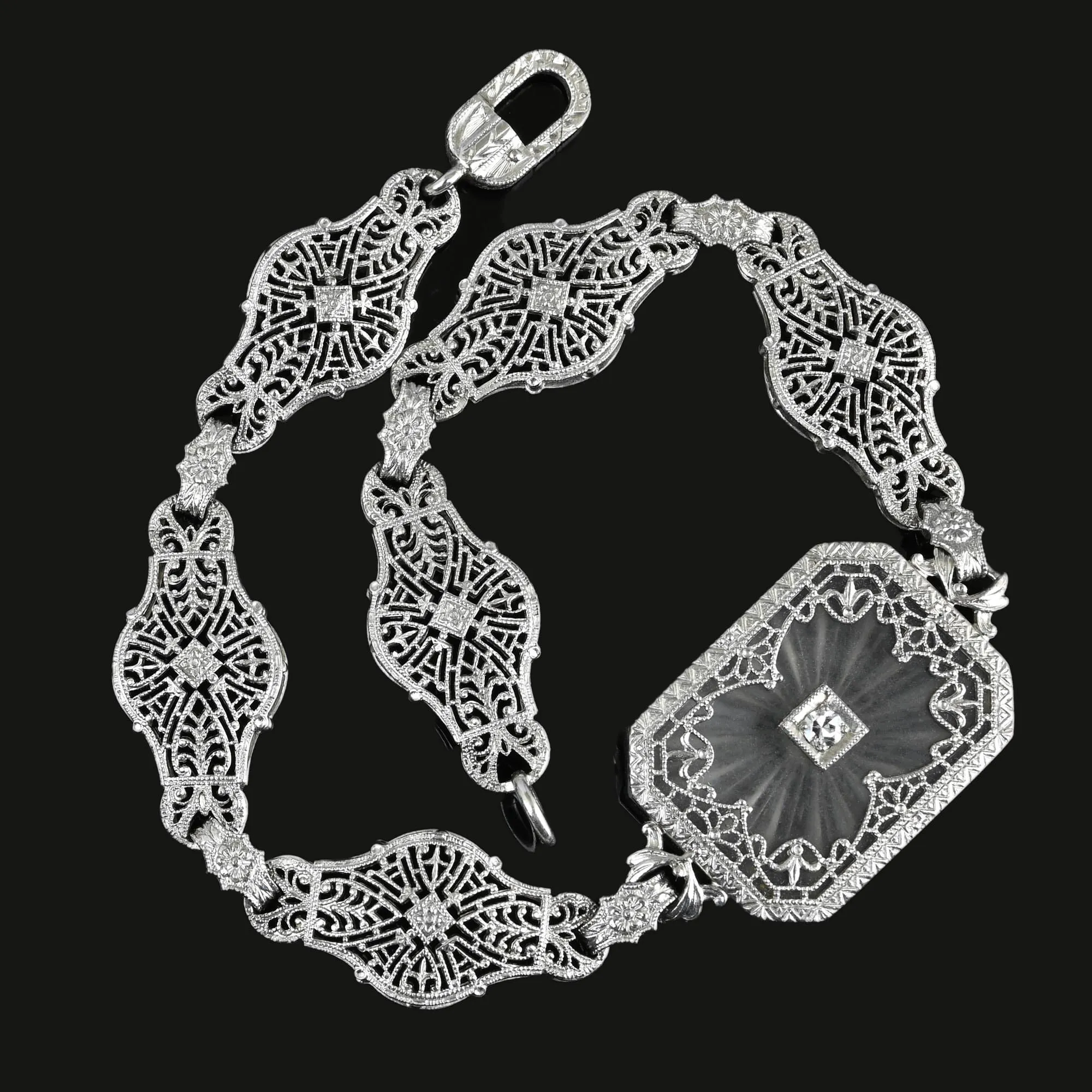 Art Deco Platinum Filigree Diamond Rock Crystal Bracelet