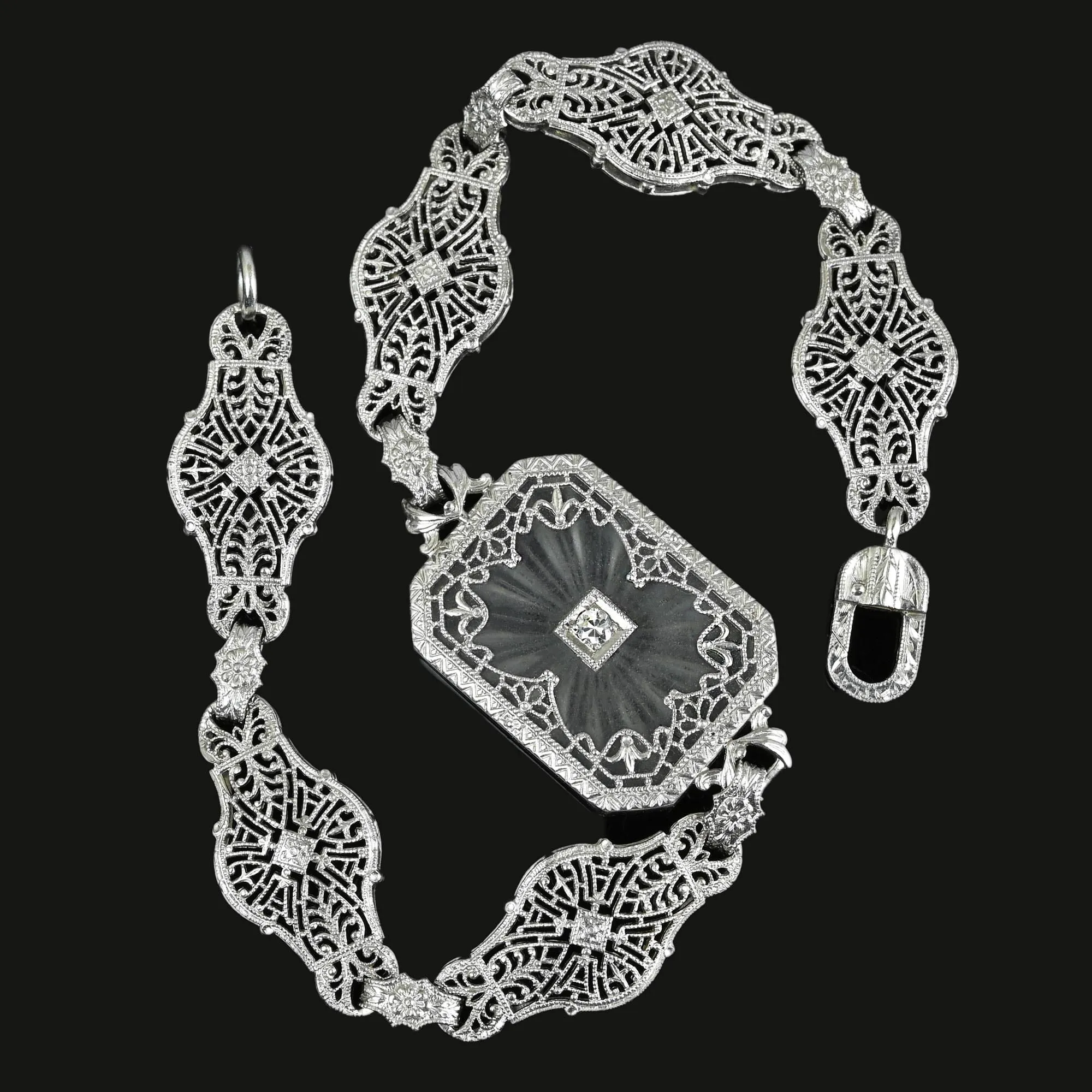 Art Deco Platinum Filigree Diamond Rock Crystal Bracelet