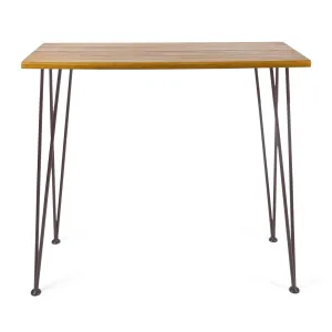 Avy Outdoor Rustic Industrial Acacia Wood Bar Table with Metal Hairpin Legs, Teak