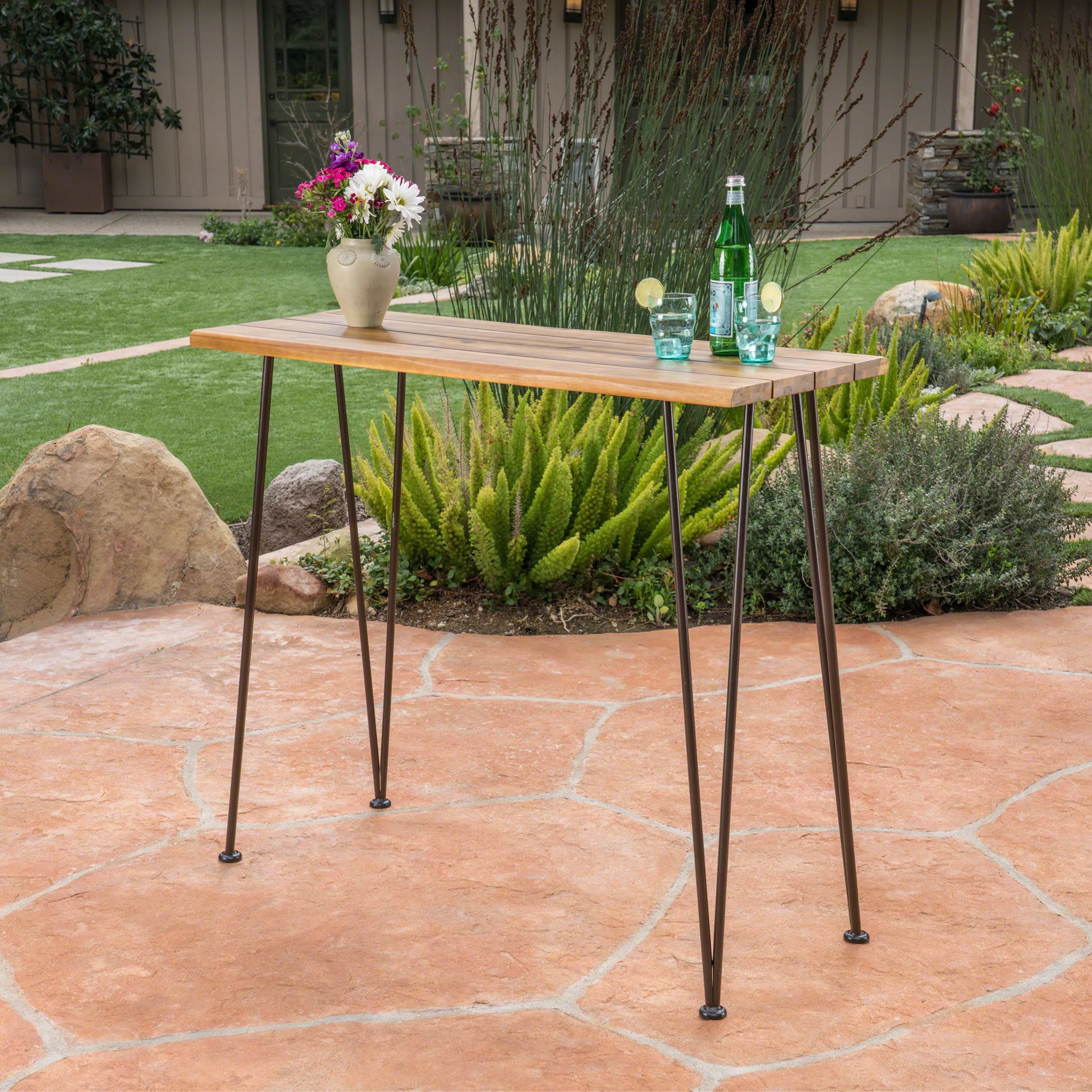 Avy Outdoor Rustic Industrial Acacia Wood Bar Table with Metal Hairpin Legs, Teak
