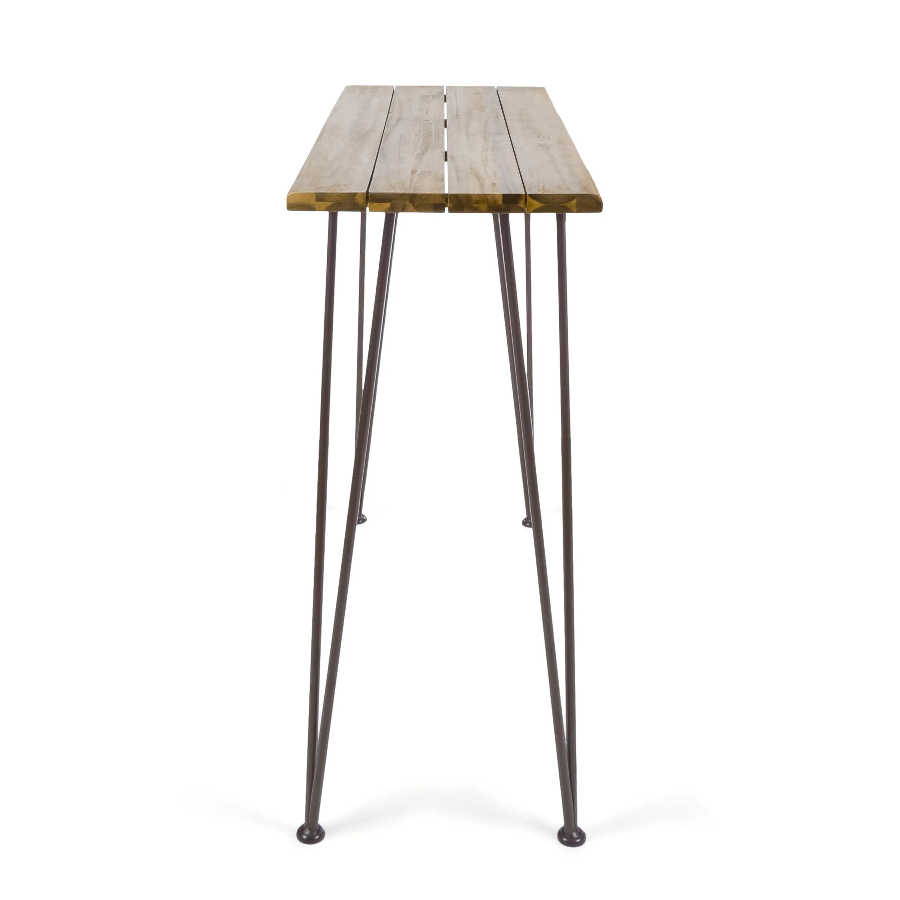 Avy Outdoor Rustic Industrial Acacia Wood Bar Table with Metal Hairpin Legs, Teak