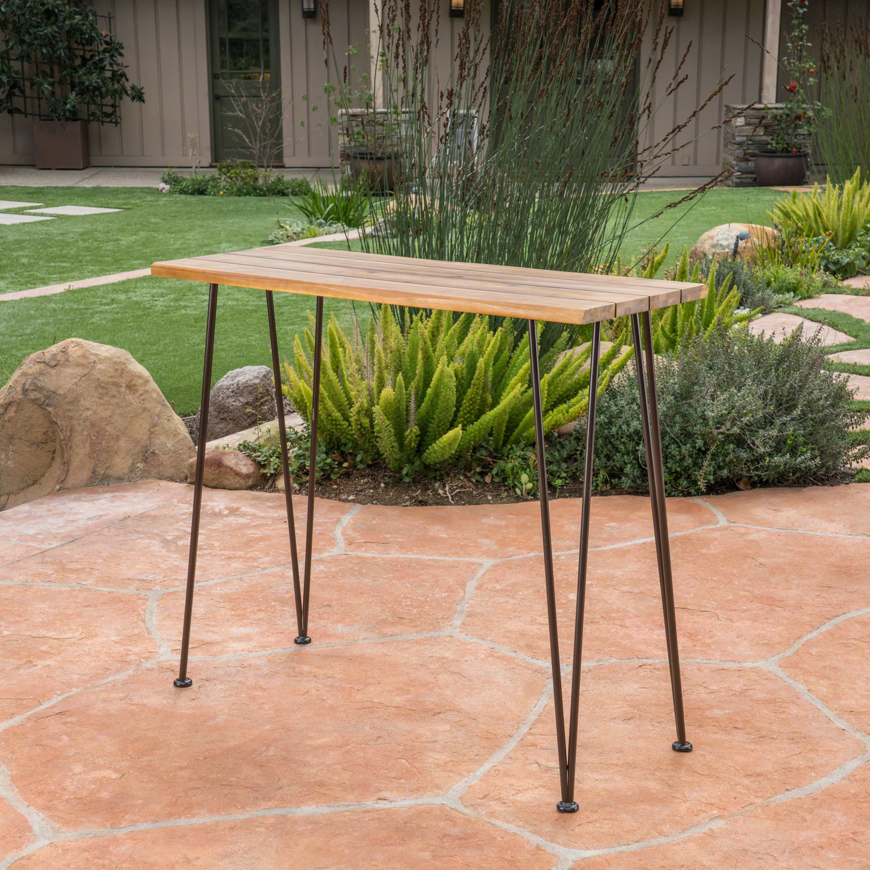 Avy Outdoor Rustic Industrial Acacia Wood Bar Table with Metal Hairpin Legs, Teak