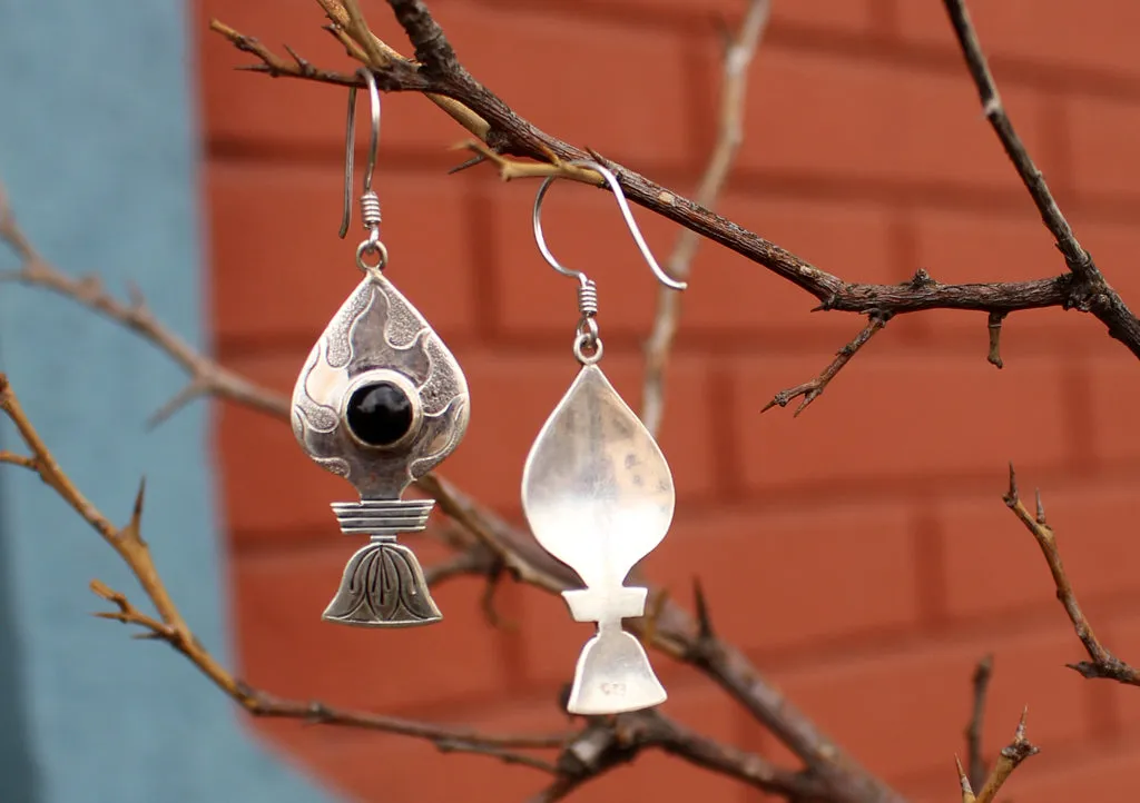 Black Onyx Inlaid Silver Sterling Tibetan Flame Earrings