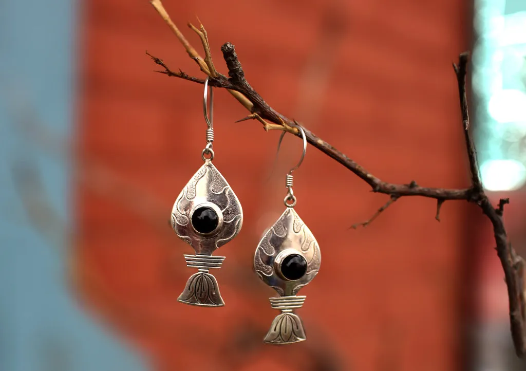 Black Onyx Inlaid Silver Sterling Tibetan Flame Earrings