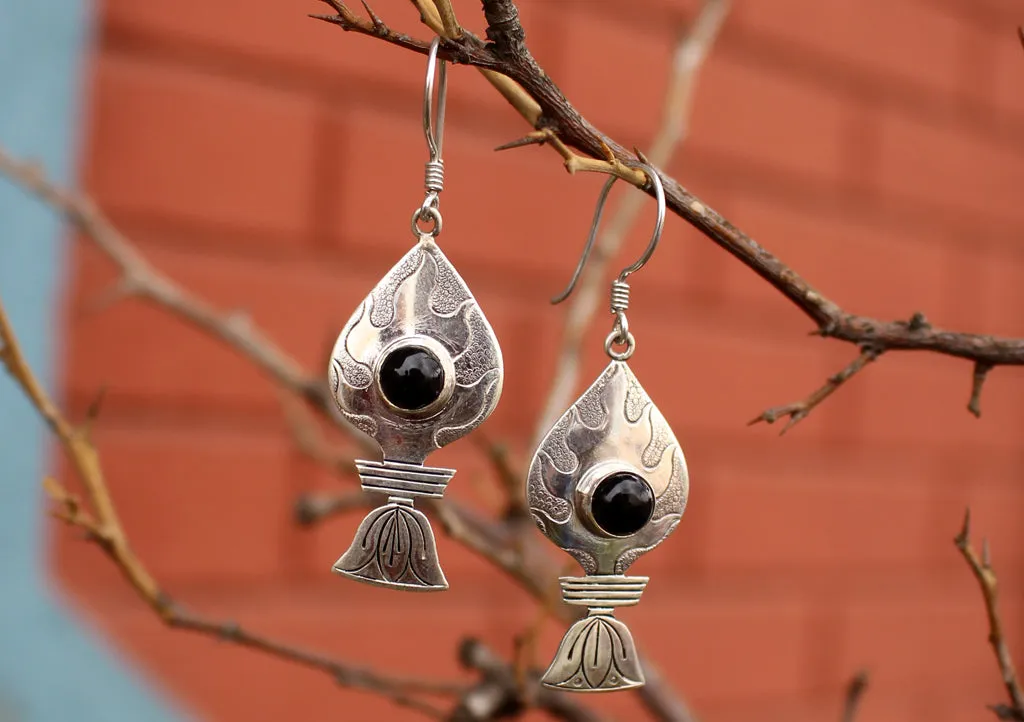 Black Onyx Inlaid Silver Sterling Tibetan Flame Earrings