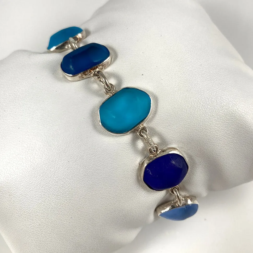 Blue Sea Glass & Sterling Silver Bracelet