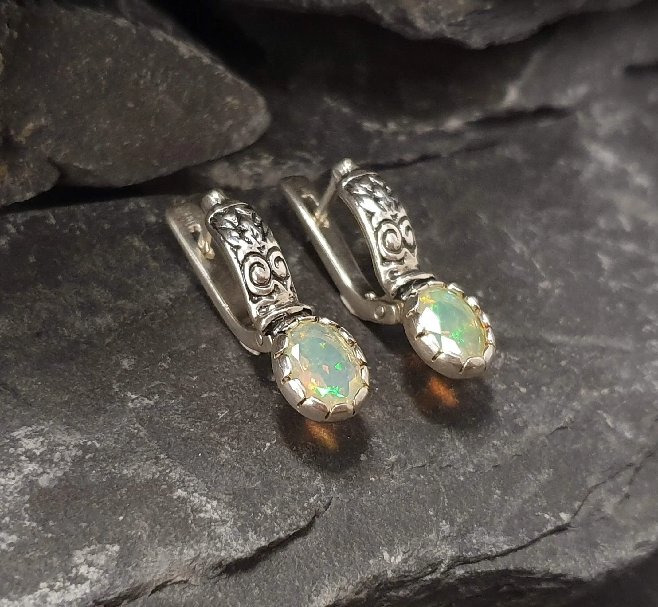 Boho Opal Earrings - Genuine Fire Opal - Drop Tribal Earrings