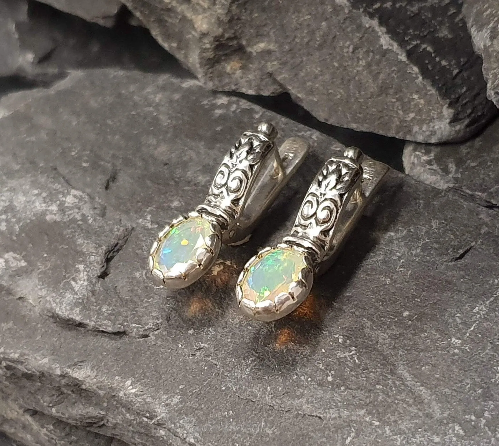 Boho Opal Earrings - Genuine Fire Opal - Drop Tribal Earrings