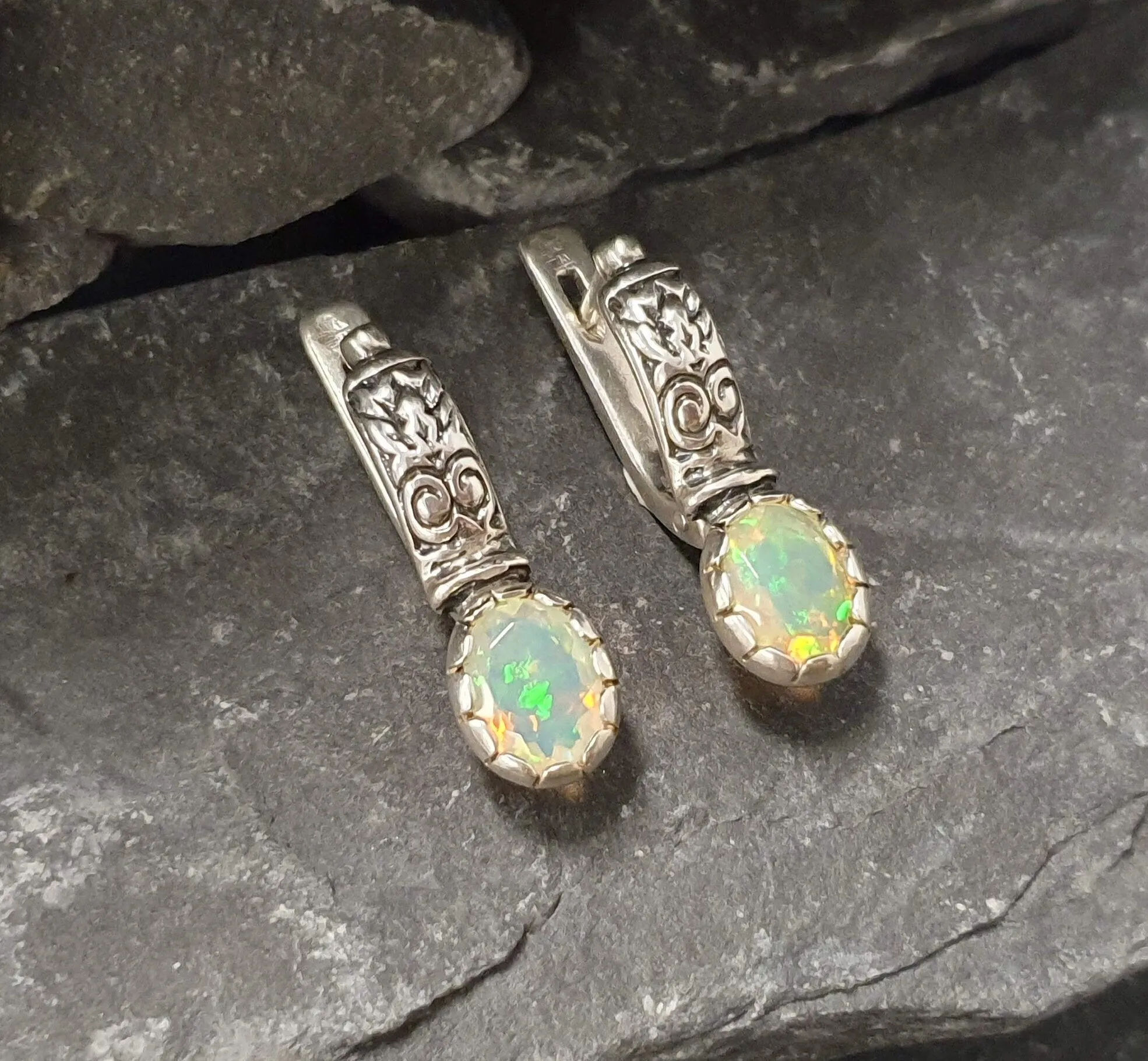 Boho Opal Earrings - Genuine Fire Opal - Drop Tribal Earrings