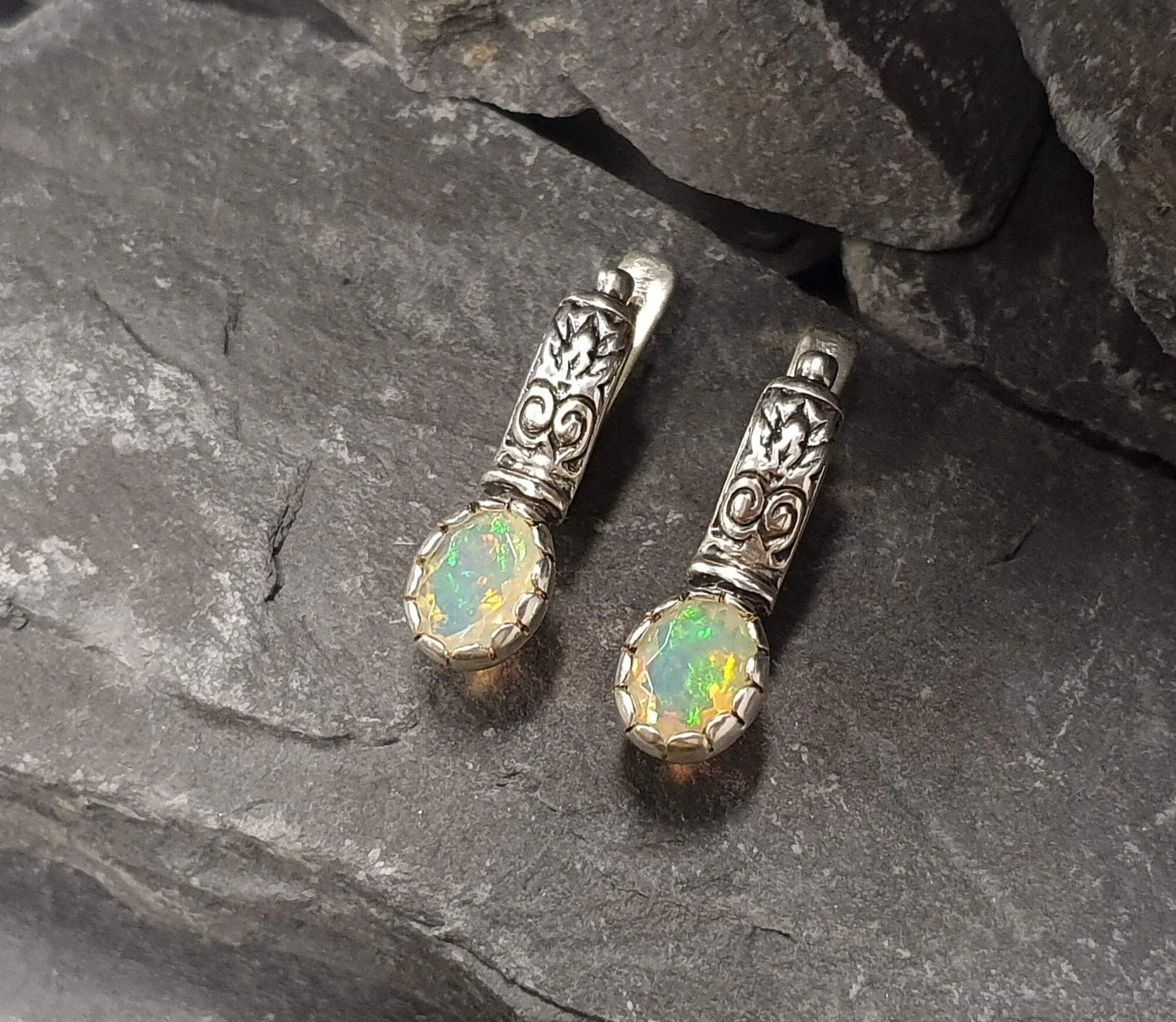 Boho Opal Earrings - Genuine Fire Opal - Drop Tribal Earrings