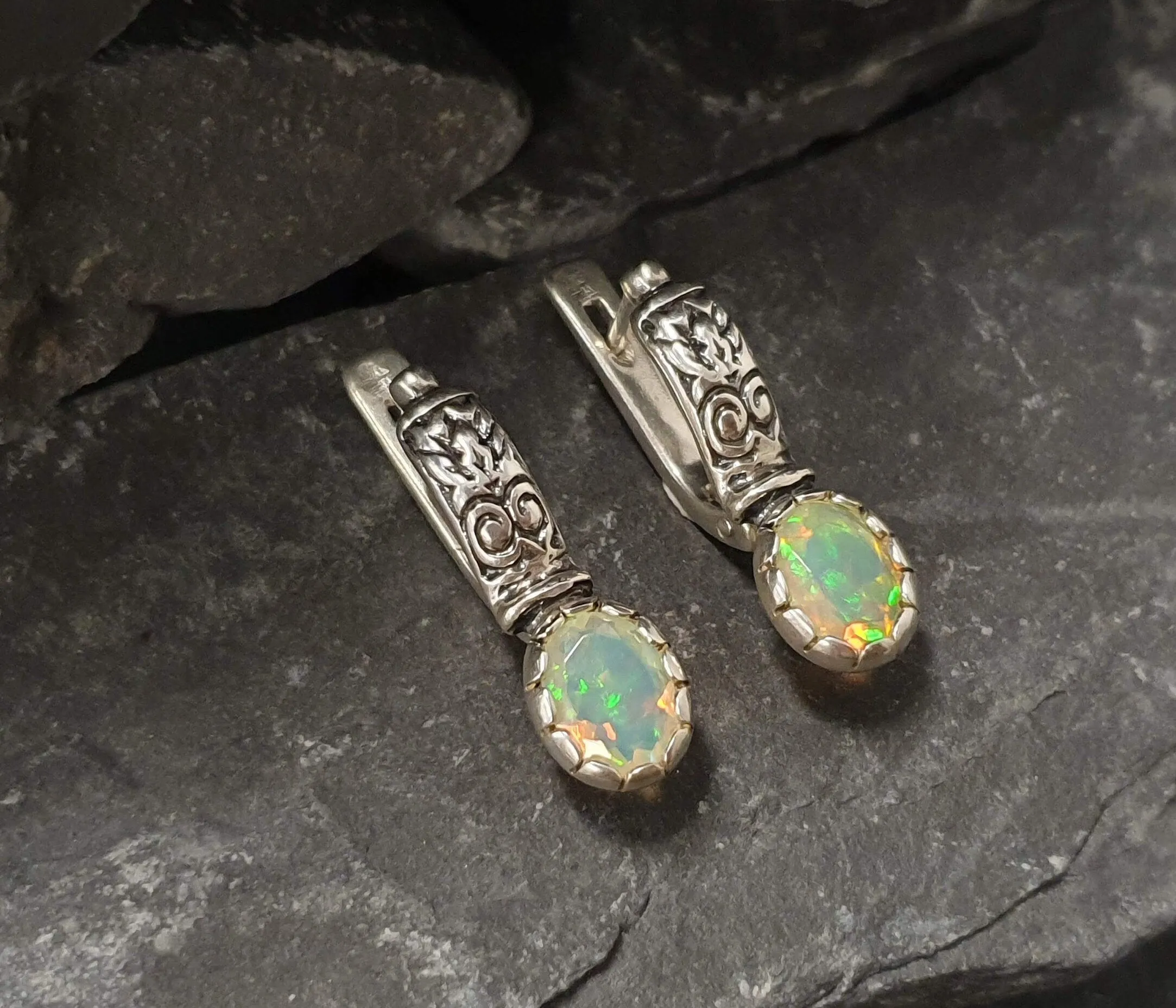 Boho Opal Earrings - Genuine Fire Opal - Drop Tribal Earrings