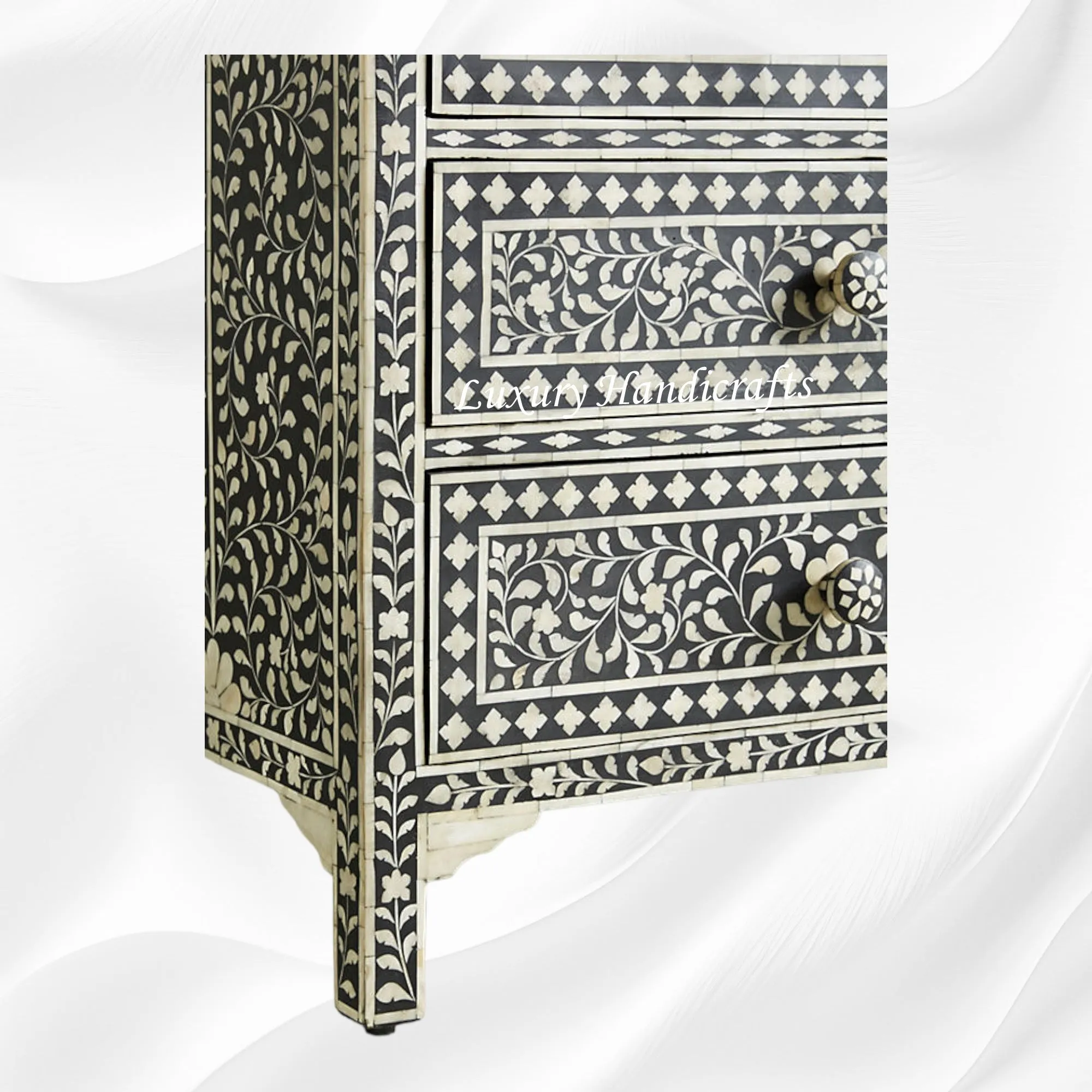 Bone Inlay Floral 3 Drawer Chest Black