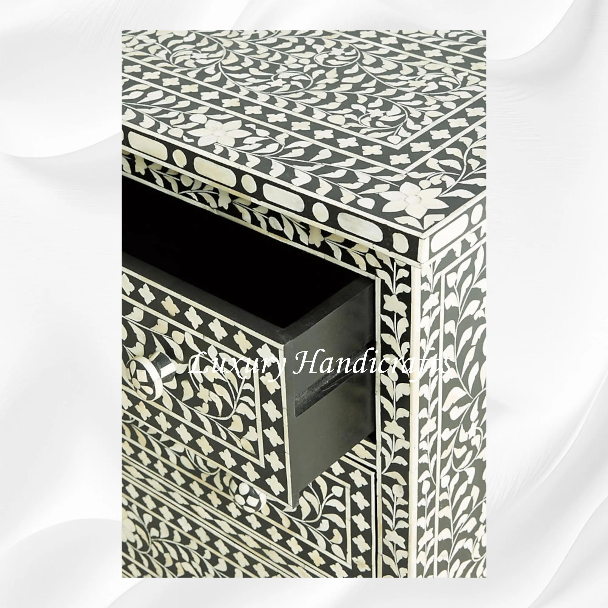 Bone Inlay Floral 3 Drawer Chest Black