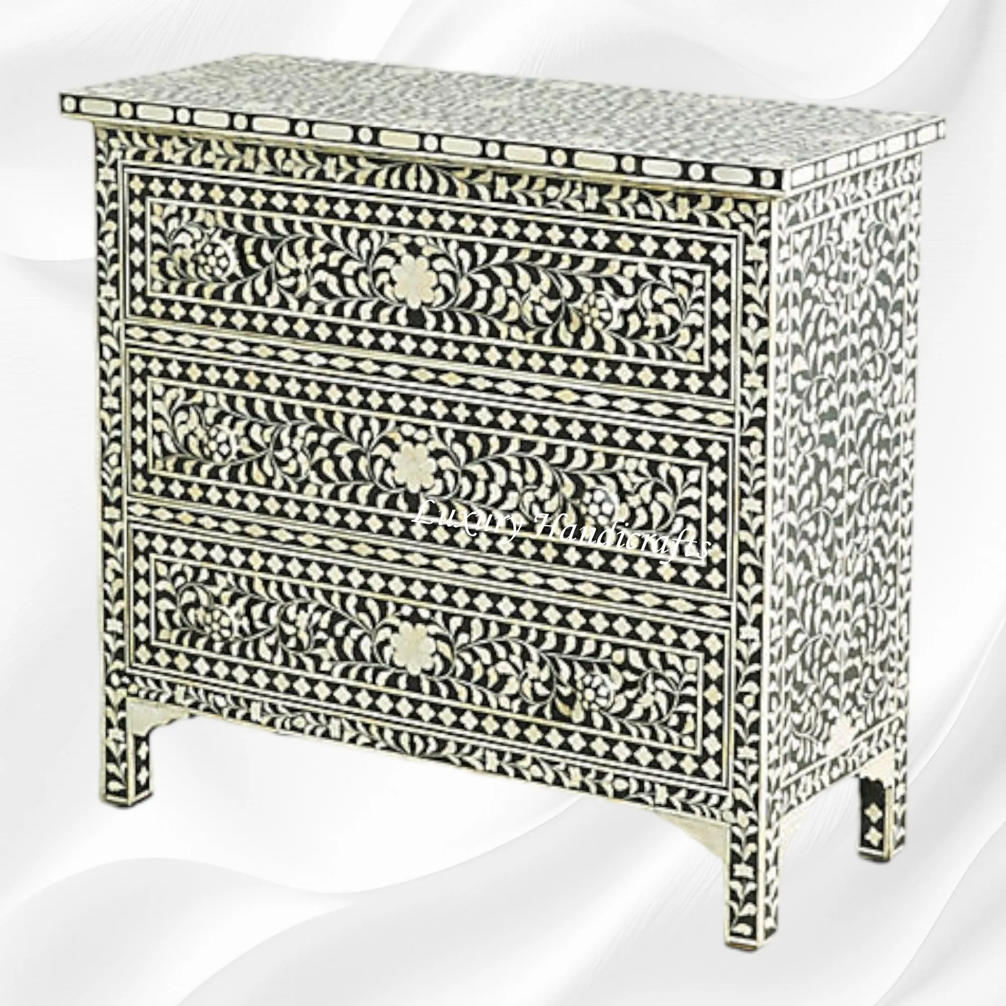 Bone Inlay Floral 3 Drawer Chest Black