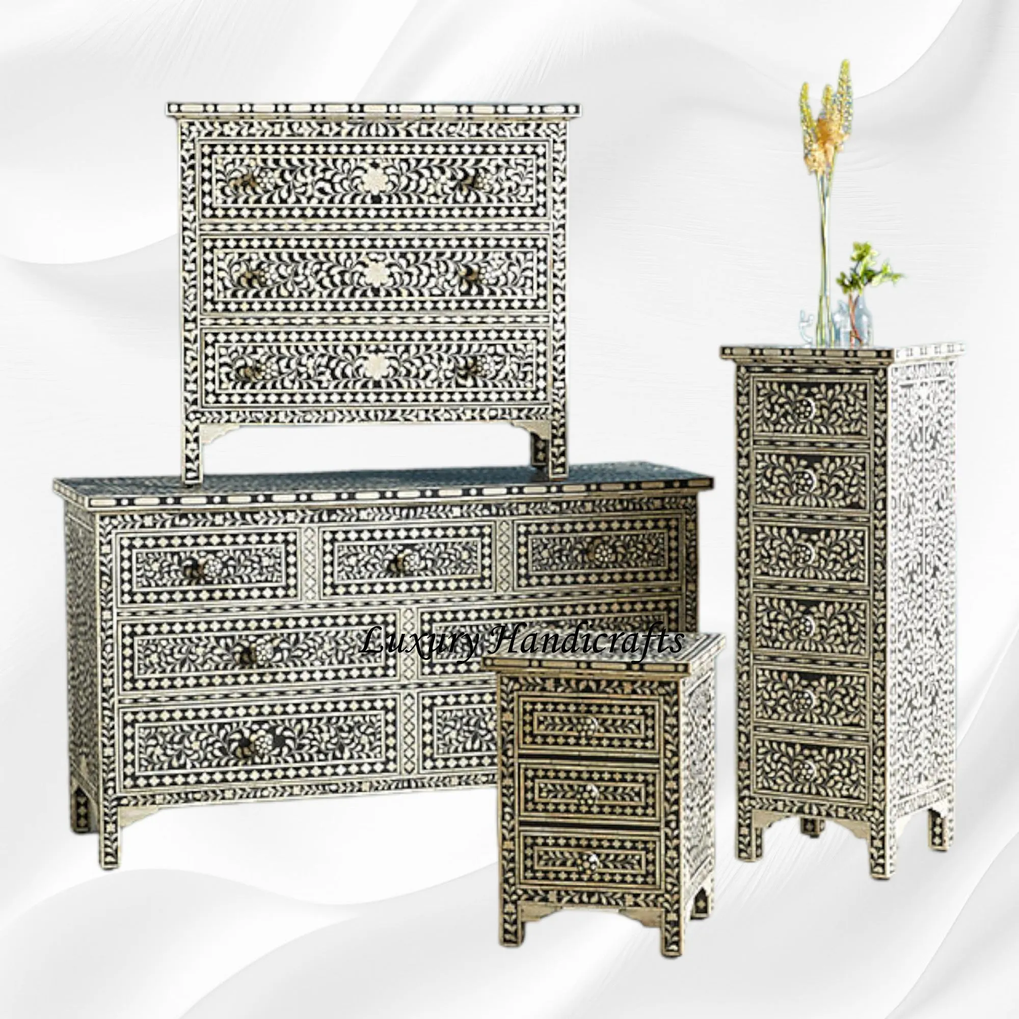 Bone Inlay Floral 3 Drawer Chest Black