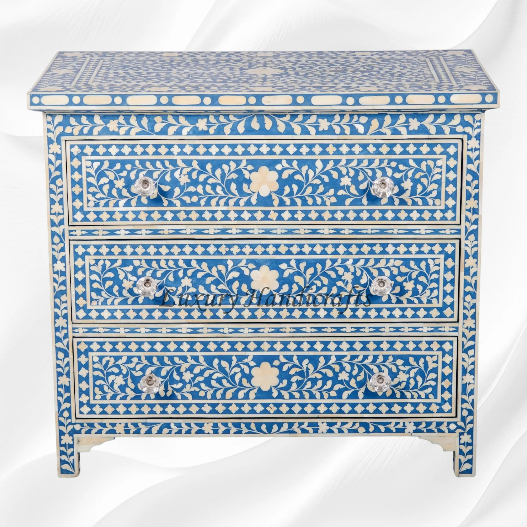 Bone Inlay Floral 3 Drawer Chest Blue