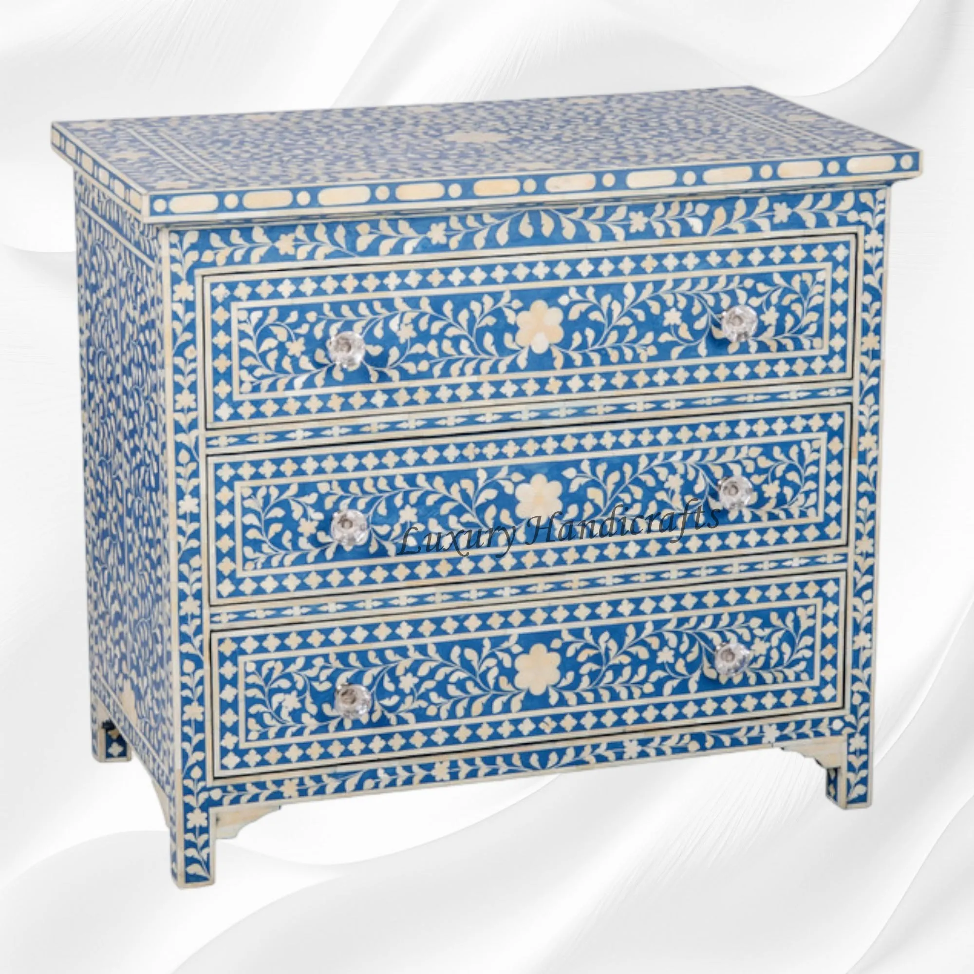 Bone Inlay Floral 3 Drawer Chest Blue