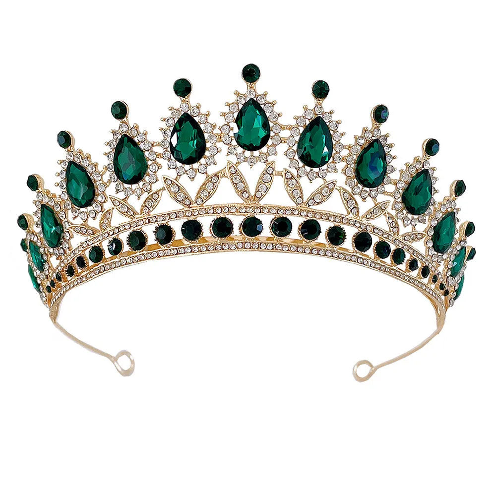 Bridal Crown Tiara Green Diamond High-end Luxurious Adult Princess Three-Piece Crown Set