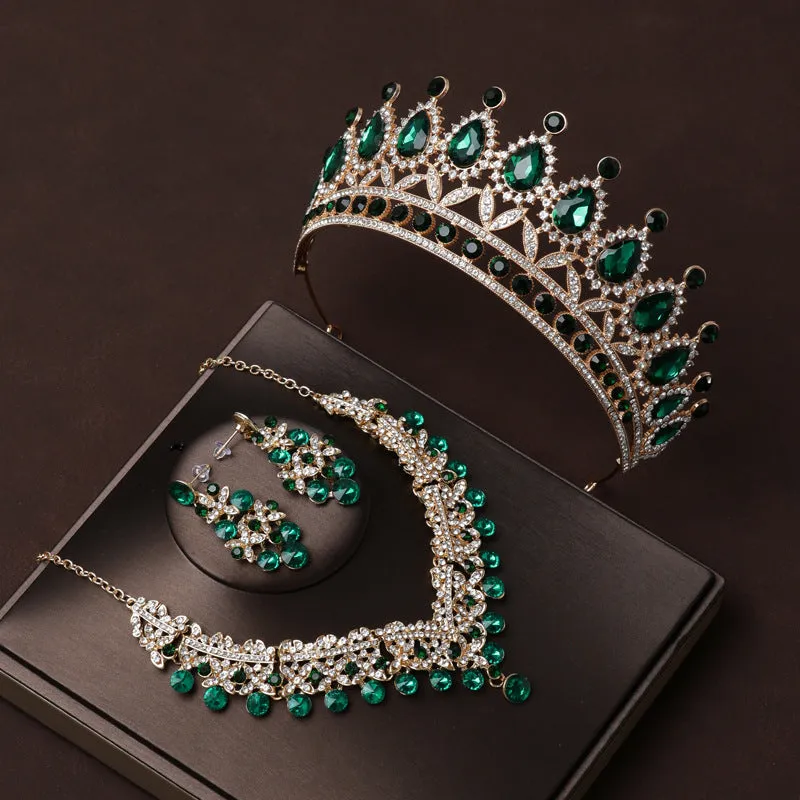 Bridal Crown Tiara Green Diamond High-end Luxurious Adult Princess Three-Piece Crown Set