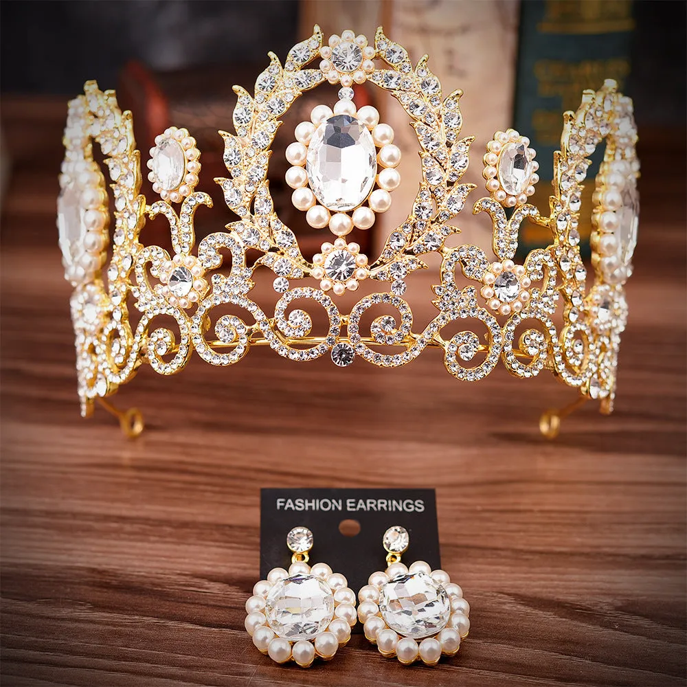 Bridal Tiara Crown Earrings Set Baroque Retro Large Crown Rhinestone Pearl Wedding Accessories