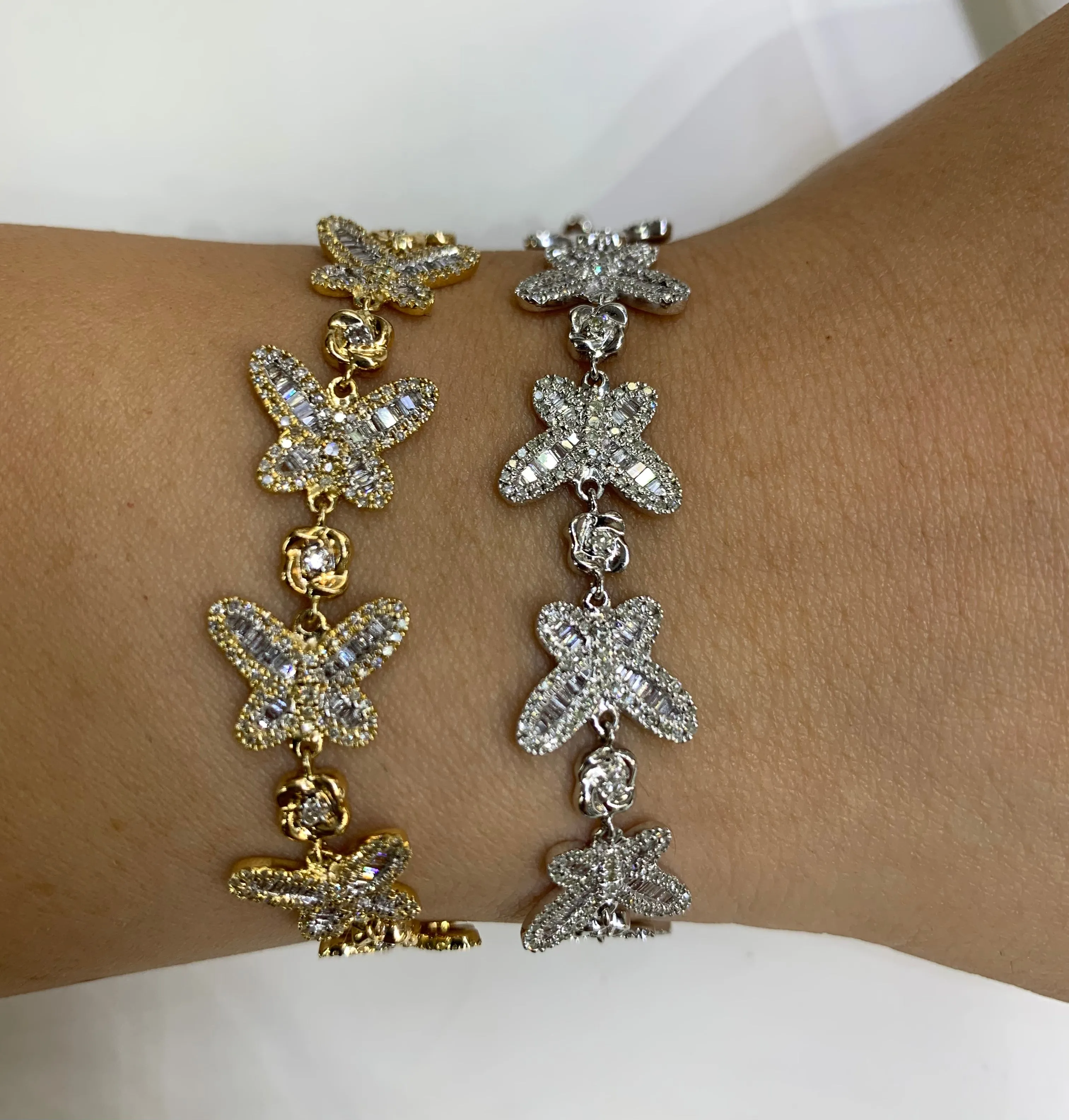 Butterfly Ladies`Gold and Diamond Bracelet with Baguette and Round Diamonds(choose gold color)