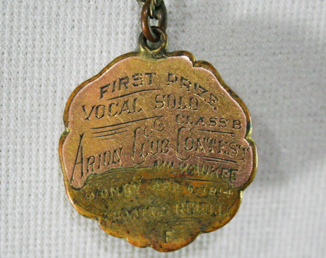 ca. 1914 Antique 1910s Pendant Necklace - Arion Club Musical Contest Winner - First Prize Vocal Solo Gold Music Award - Milwaukee Wisconsin