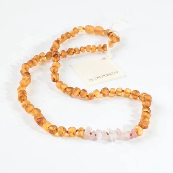 Canyon Leaf Baltic Amber   Rose Quartz Necklace (Adult's Sizes)
