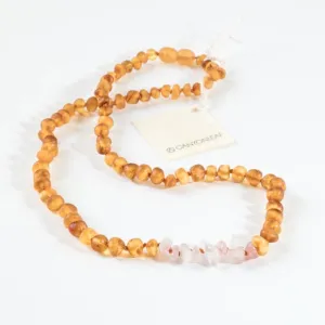 Canyon Leaf Baltic Amber   Rose Quartz Necklace (Adult's Sizes)