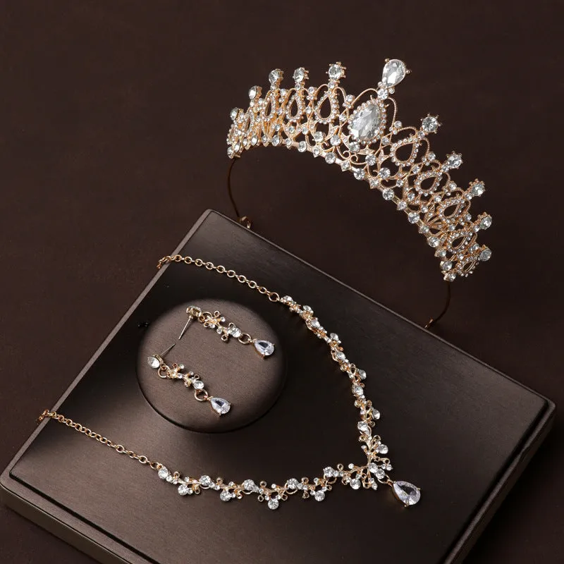 Champagne Gold Bridal Jewelry Necklace Earrings Set Wedding Crown Three-Piece Set Wedding Accessories