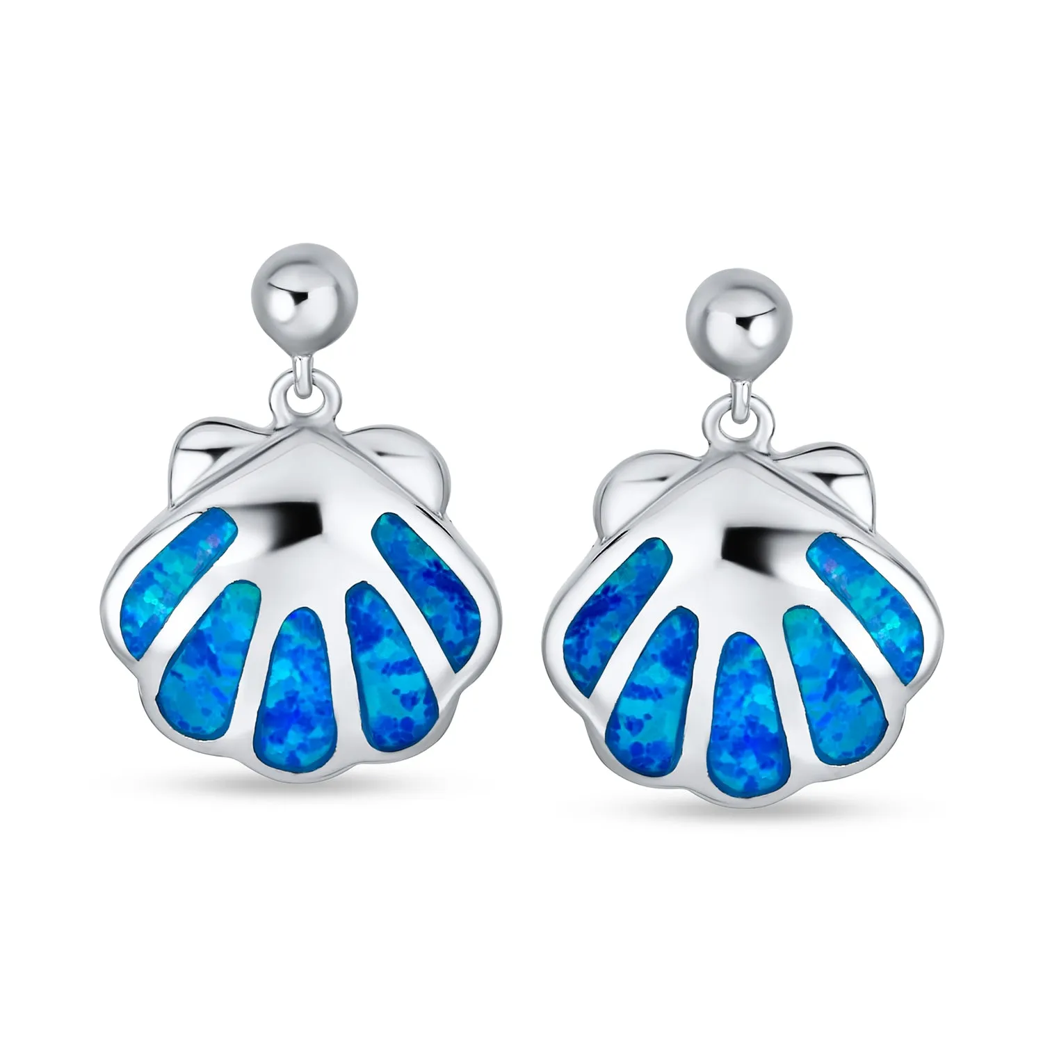 Created Blue Opal Dangle Gemstone Earrings Nautical Beach Clam Sterling Silver