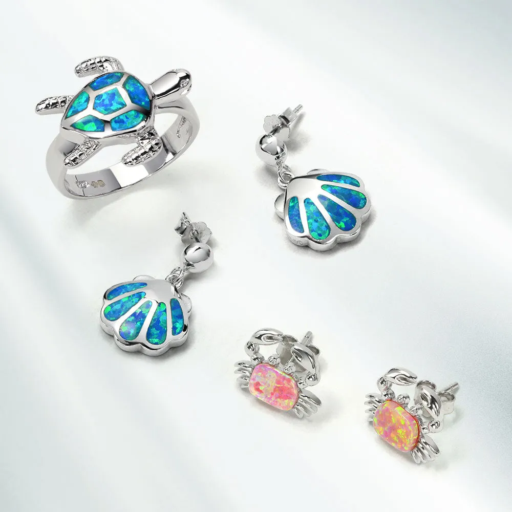 Created Blue Opal Dangle Gemstone Earrings Nautical Beach Clam Sterling Silver