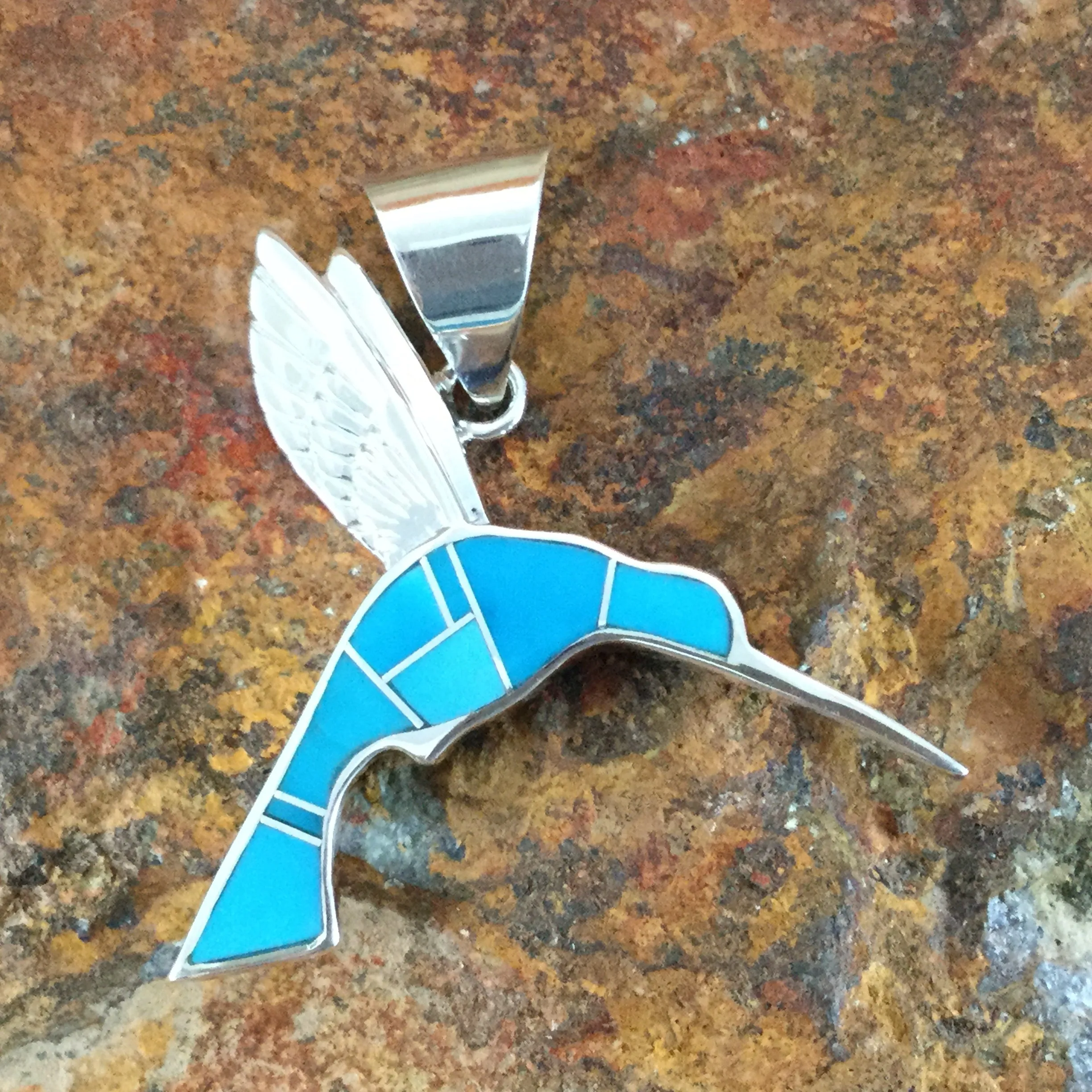 David Rosales Arizona Blue Inlaid Sterling Silver Pendant Hummingbird