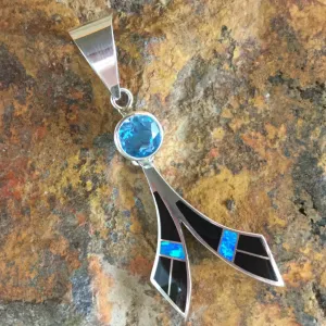 David Rosales Black Beauty Inlaid Sterling Silver Pendant w/ Blue Topaz