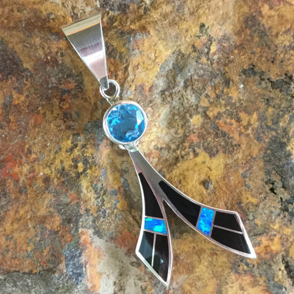 David Rosales Black Beauty Inlaid Sterling Silver Pendant w/ Blue Topaz