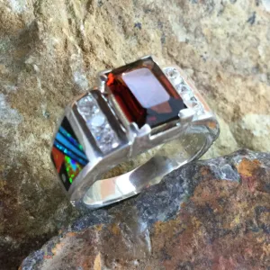 David Rosales Red Moon Inlaid Sterling Silver Ring w/ Red Garnet