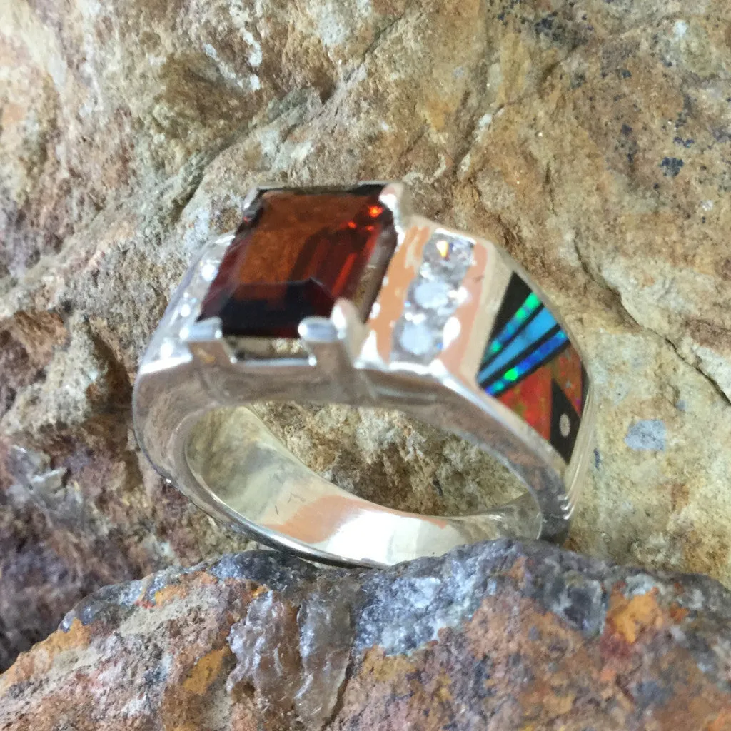 David Rosales Red Moon Inlaid Sterling Silver Ring w/ Red Garnet