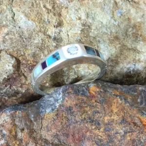 David Rosales Shalako Inlaid Sterling Silver Ring w Cubic Zirconia